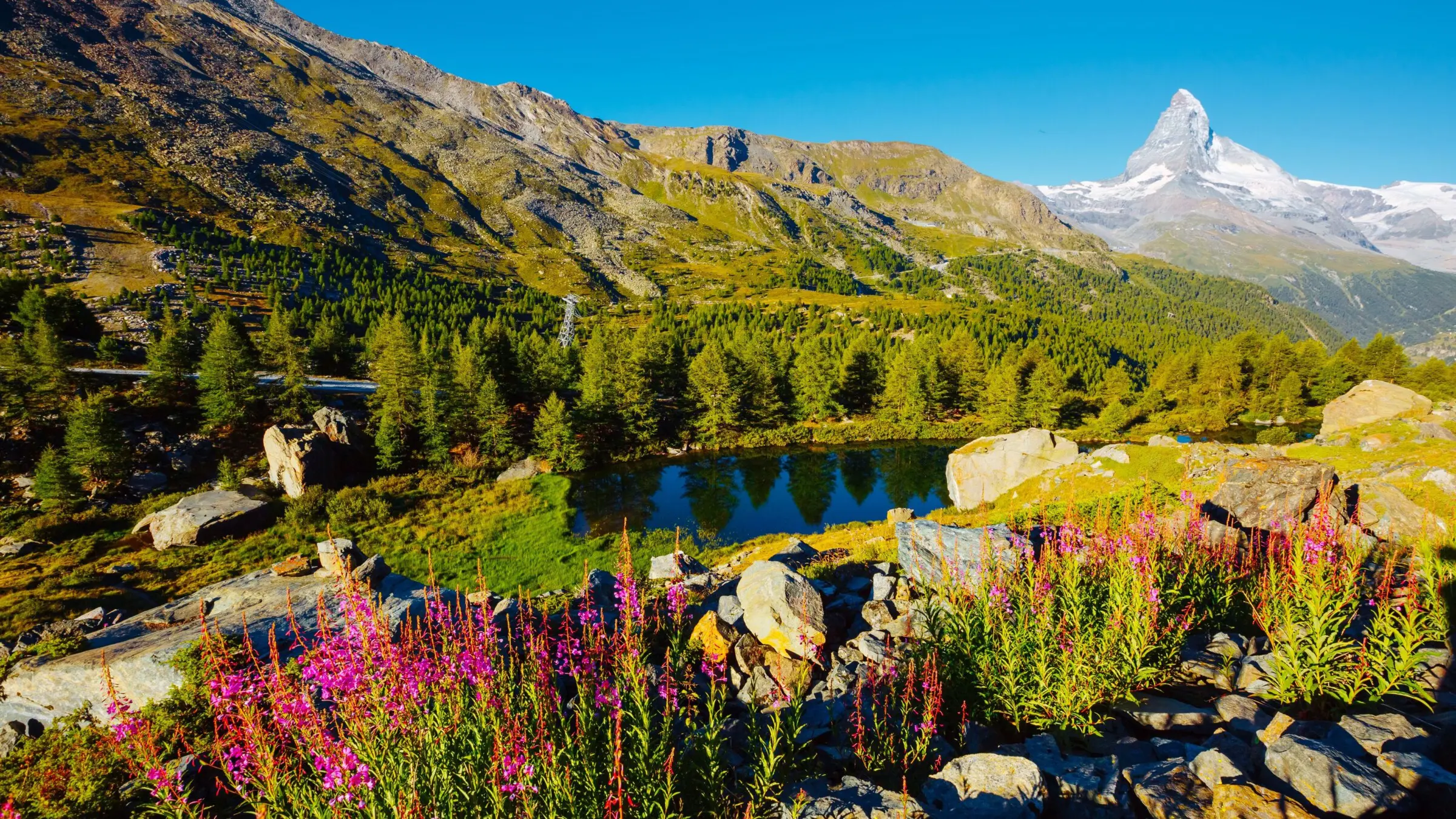 A beautiful landscape under a sunny sky with the Matterhorn peak in the background.