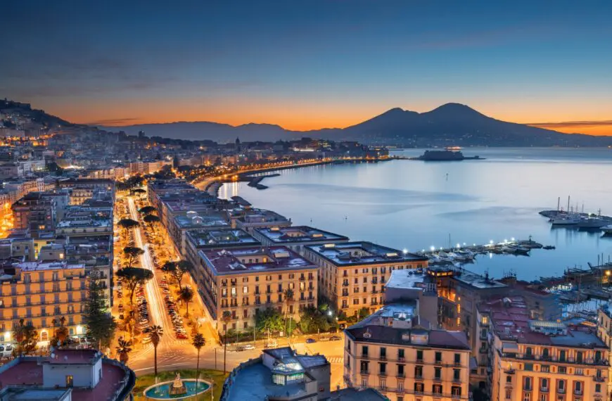 An aerial view of Naples at sunset.