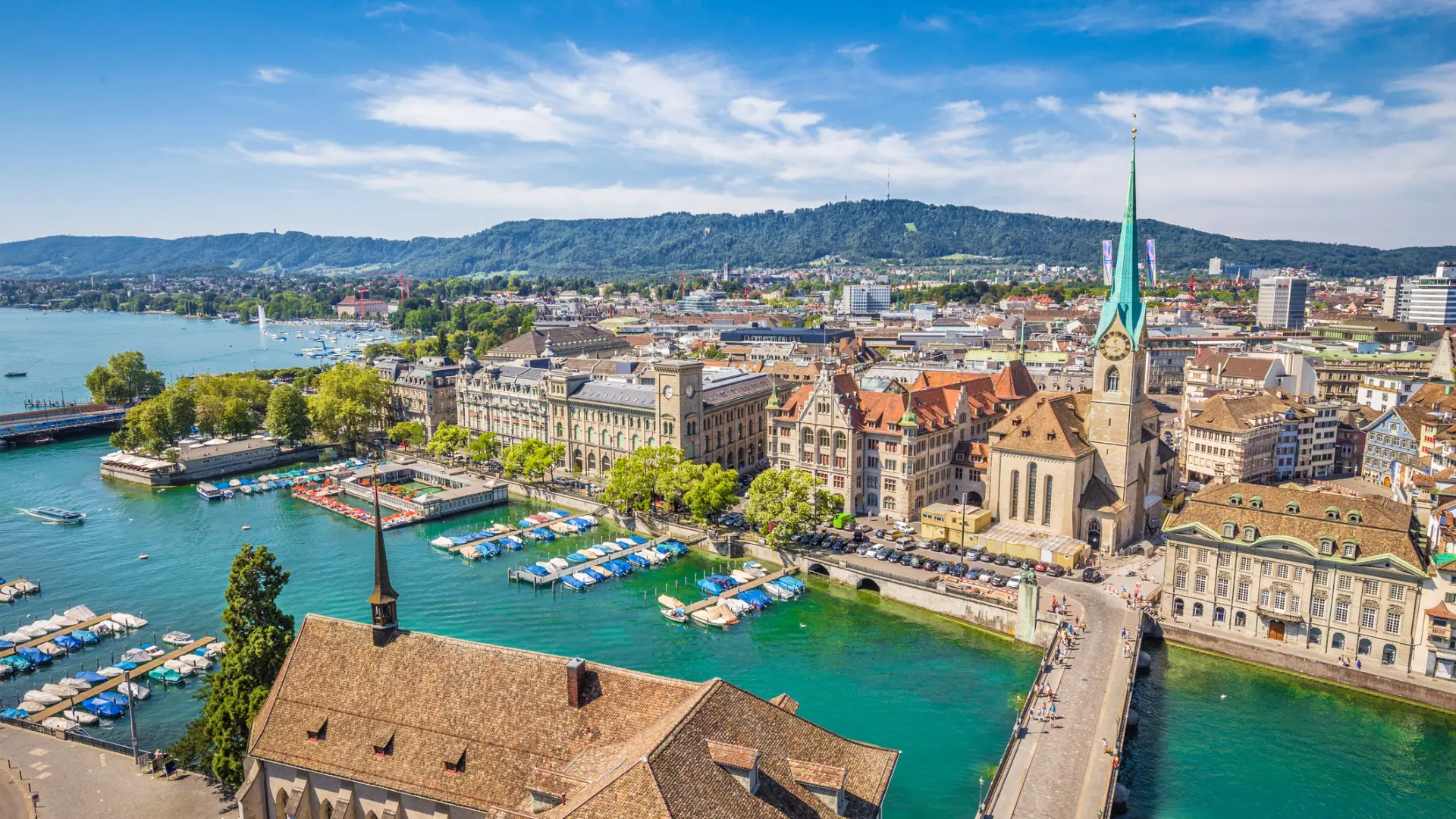 A panoramic view of the historic center of Zurich.