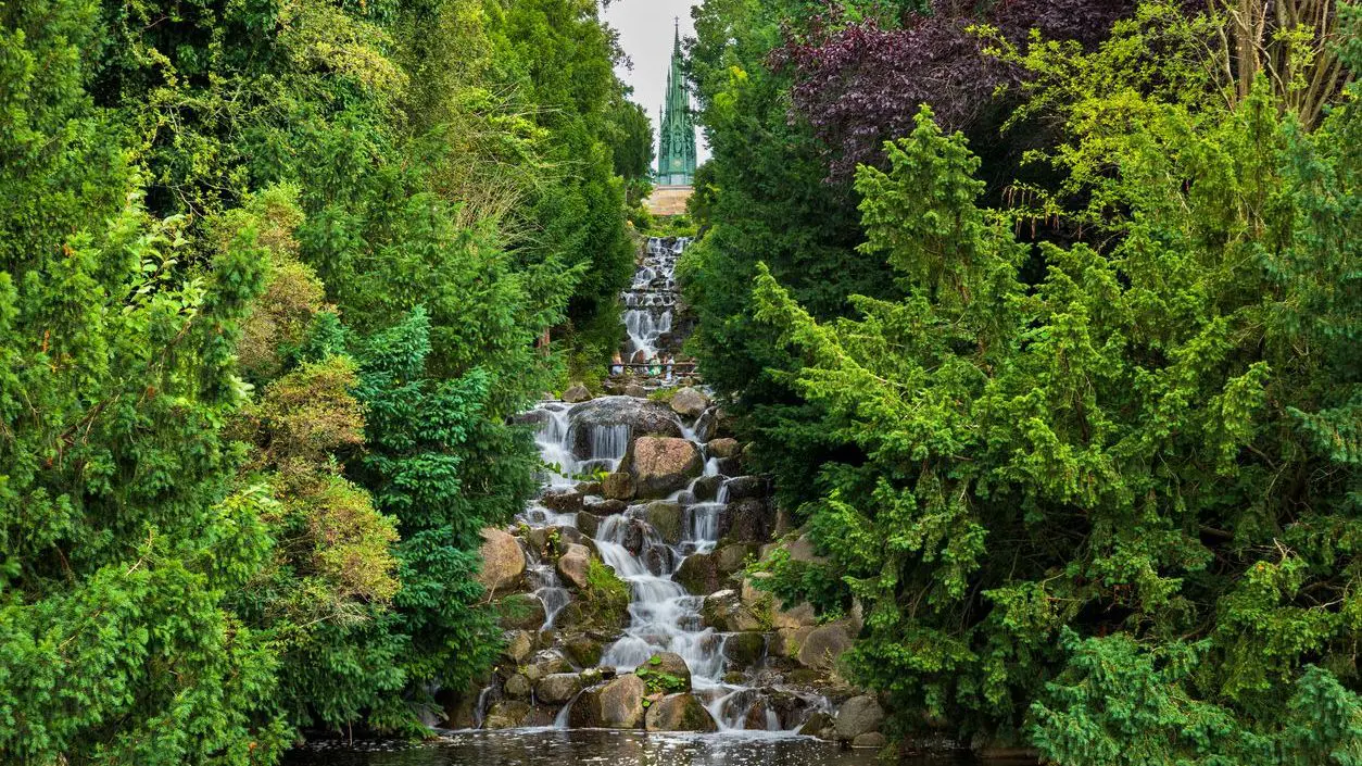 A human-made waterfall at Viktoriapark.