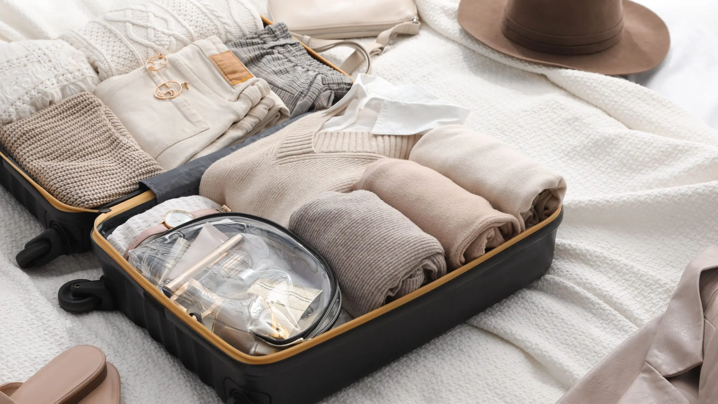 An open suitcase with folded clothes, shoes and accessories on a bed.