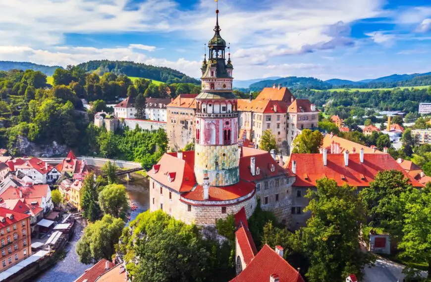 An aerial view over the historic center of Cesky Krumlov and the Vltava River.