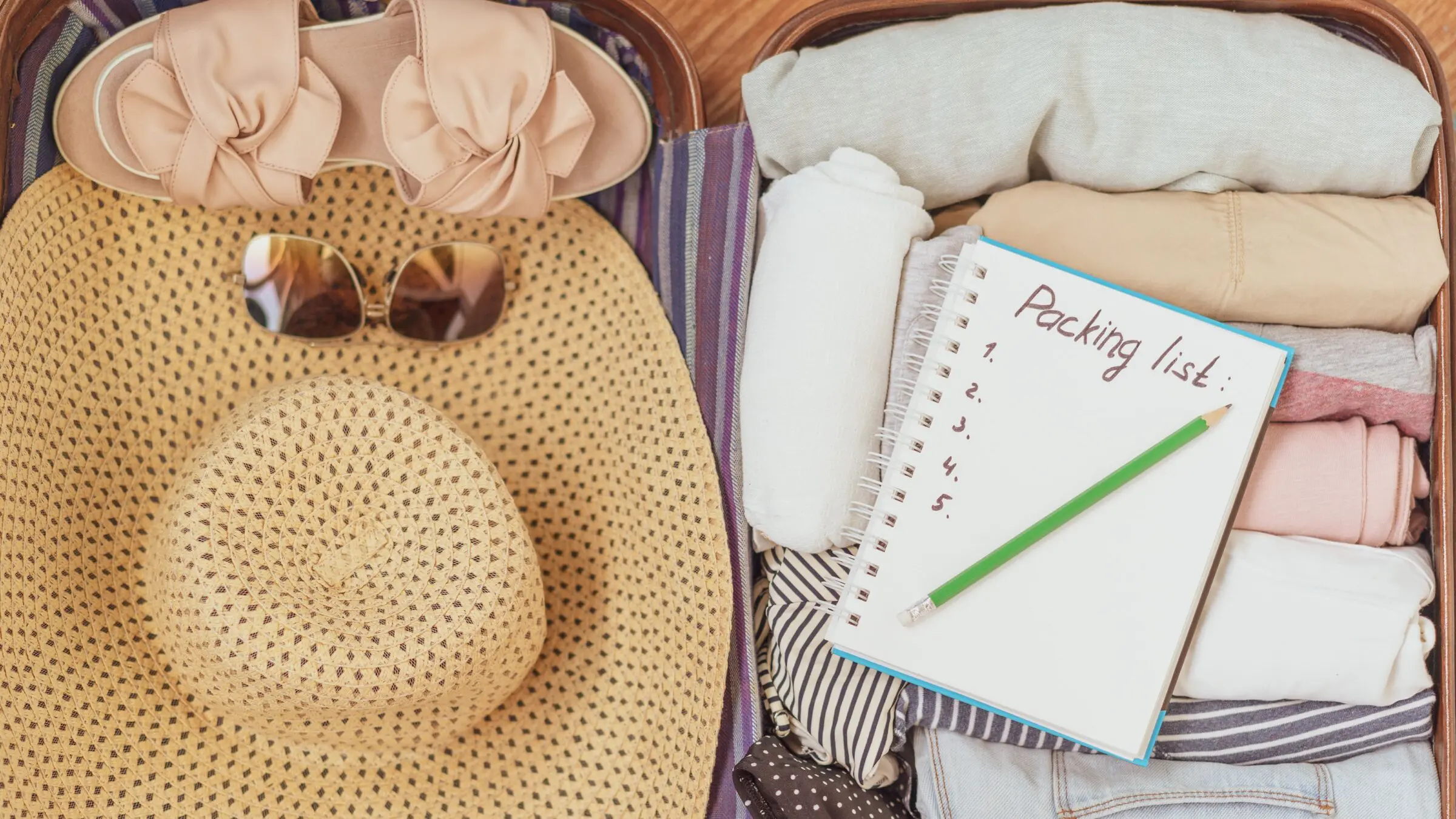 A neatly packed suitcase with a travel checklist sitting on top of it and a straw hat, sunglasses and summer shoes next to it.