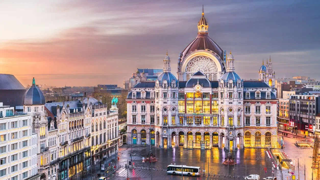 Antwerp's cityscape dominated by the Centraal Railway Station building.