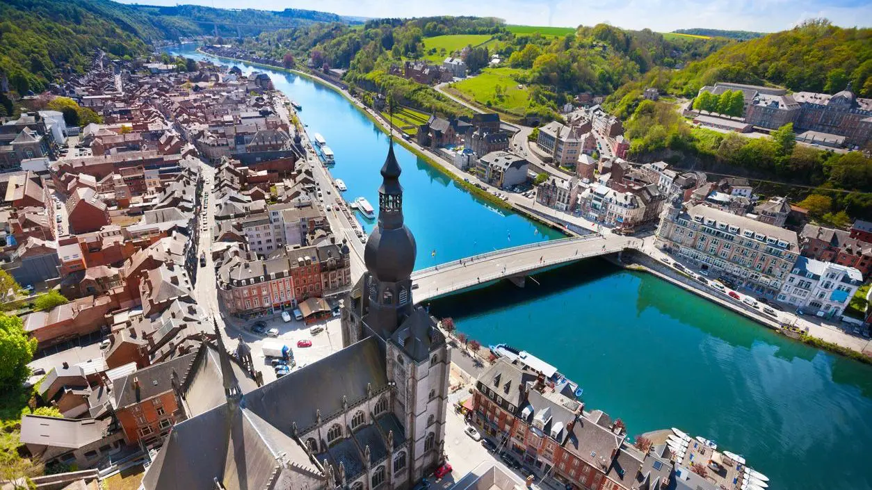 The top view of Charles de Gaulle Bridge over the Meuse River in Dinant, one of the best places to visit in Belgium