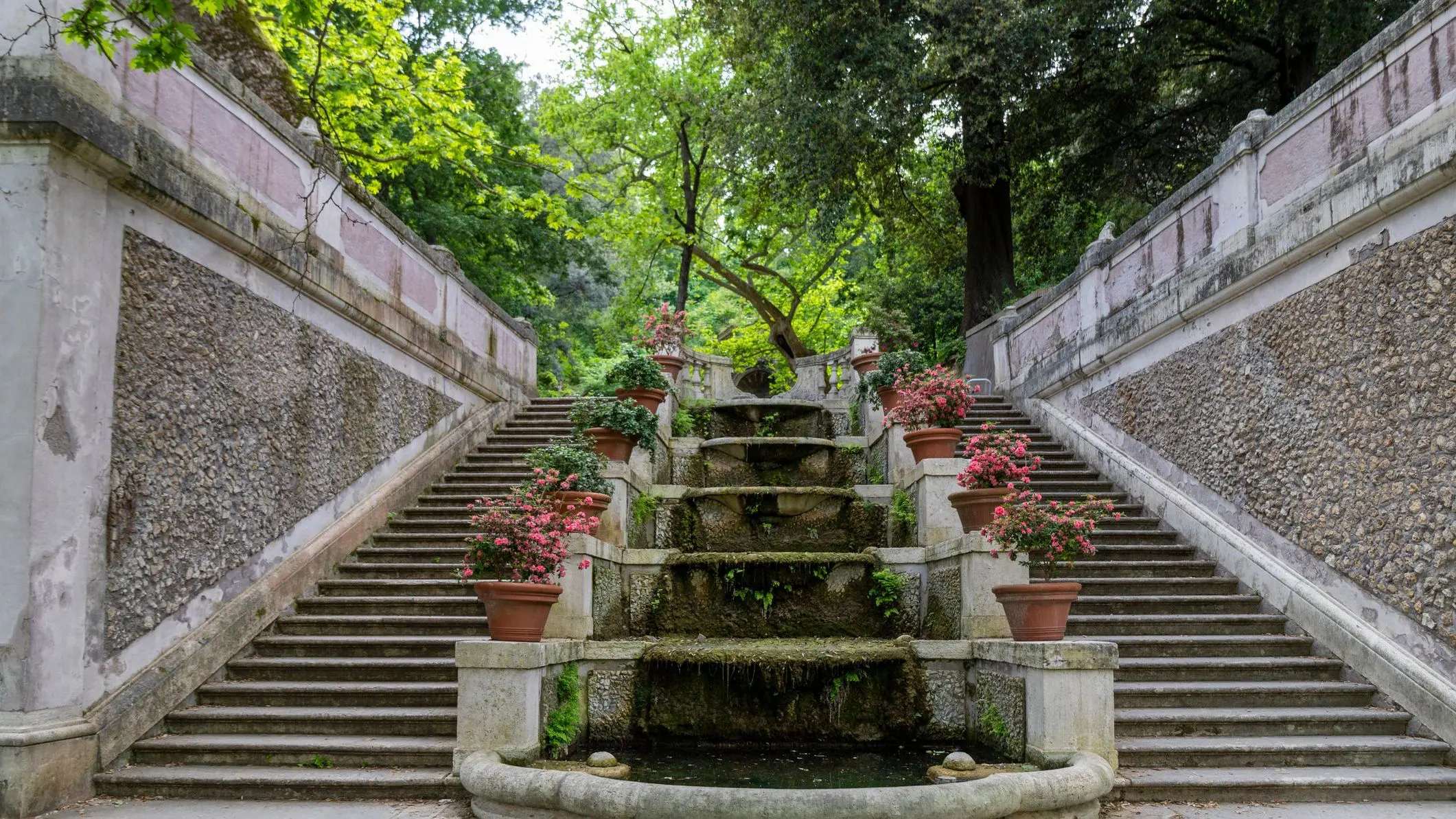 A marble stairway at the Botanical Garden of Rome, Italy.