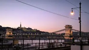 A panoramic view of Budapest with Chain Bridge and Buda Castle.