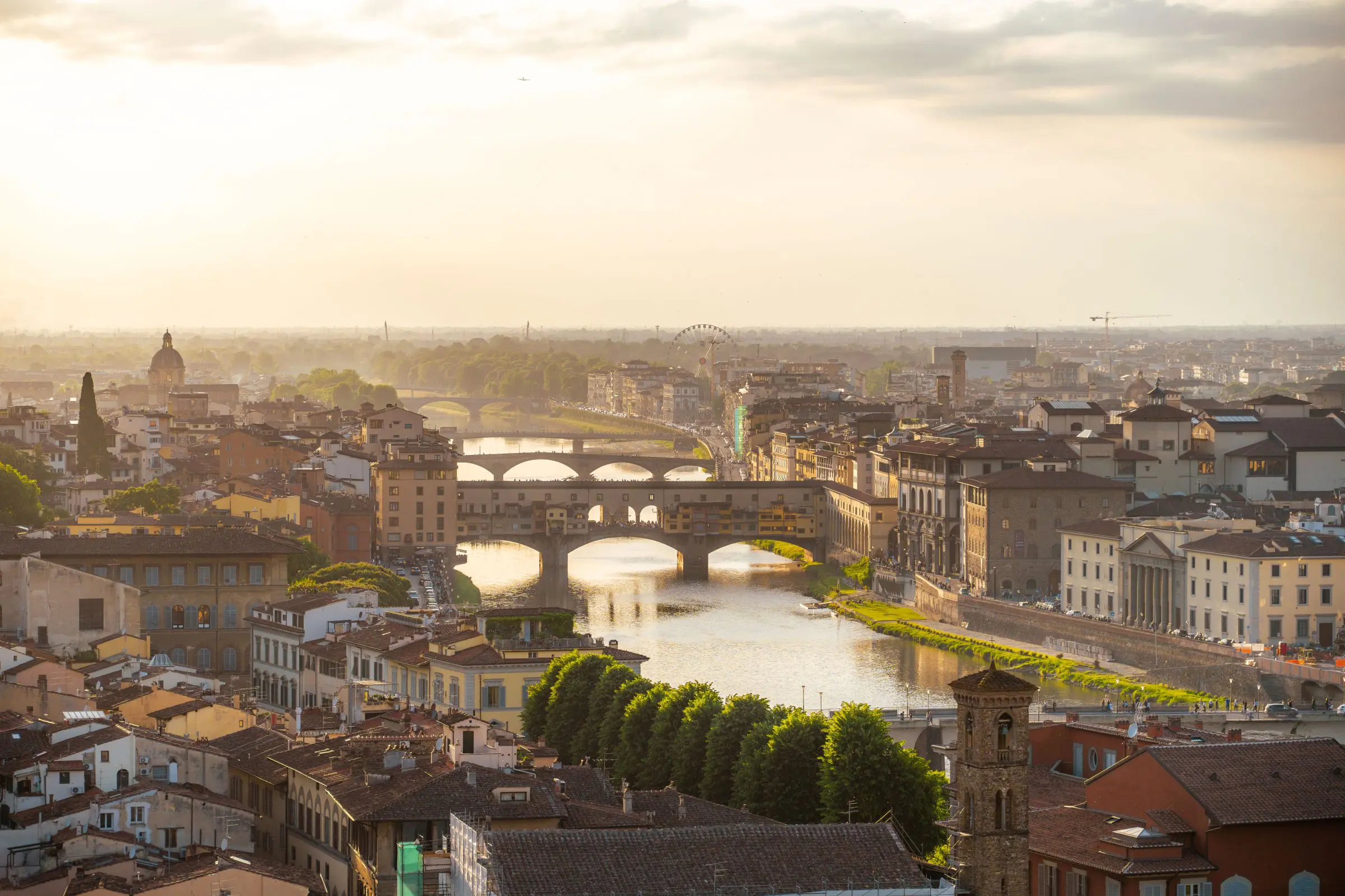 A panoramic view of Ponte Vecchio and Florence from Piazzale Michelangelo. 