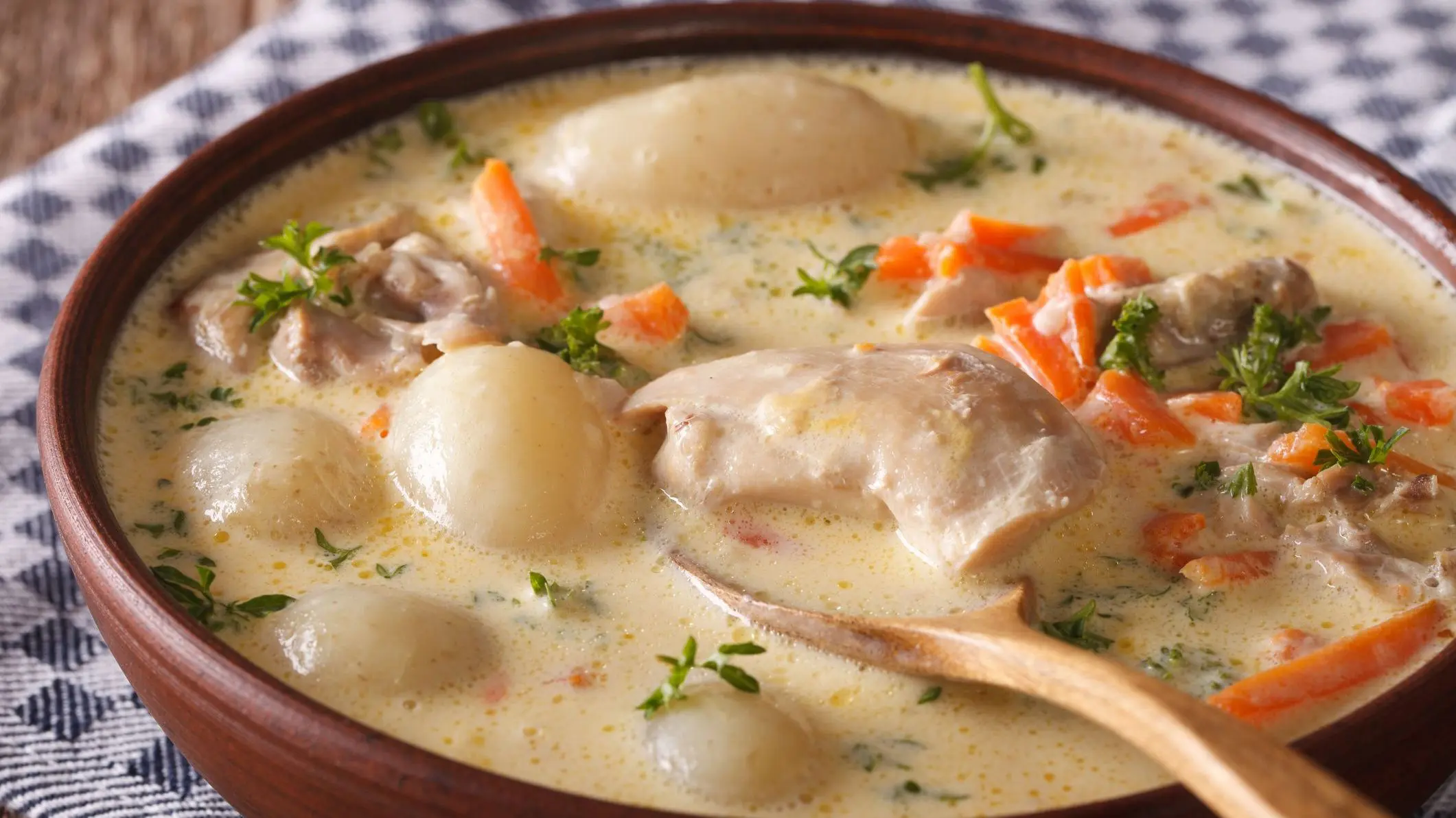 A close-up of a clay bowl filled with soup consisting of chicken and vegetables.