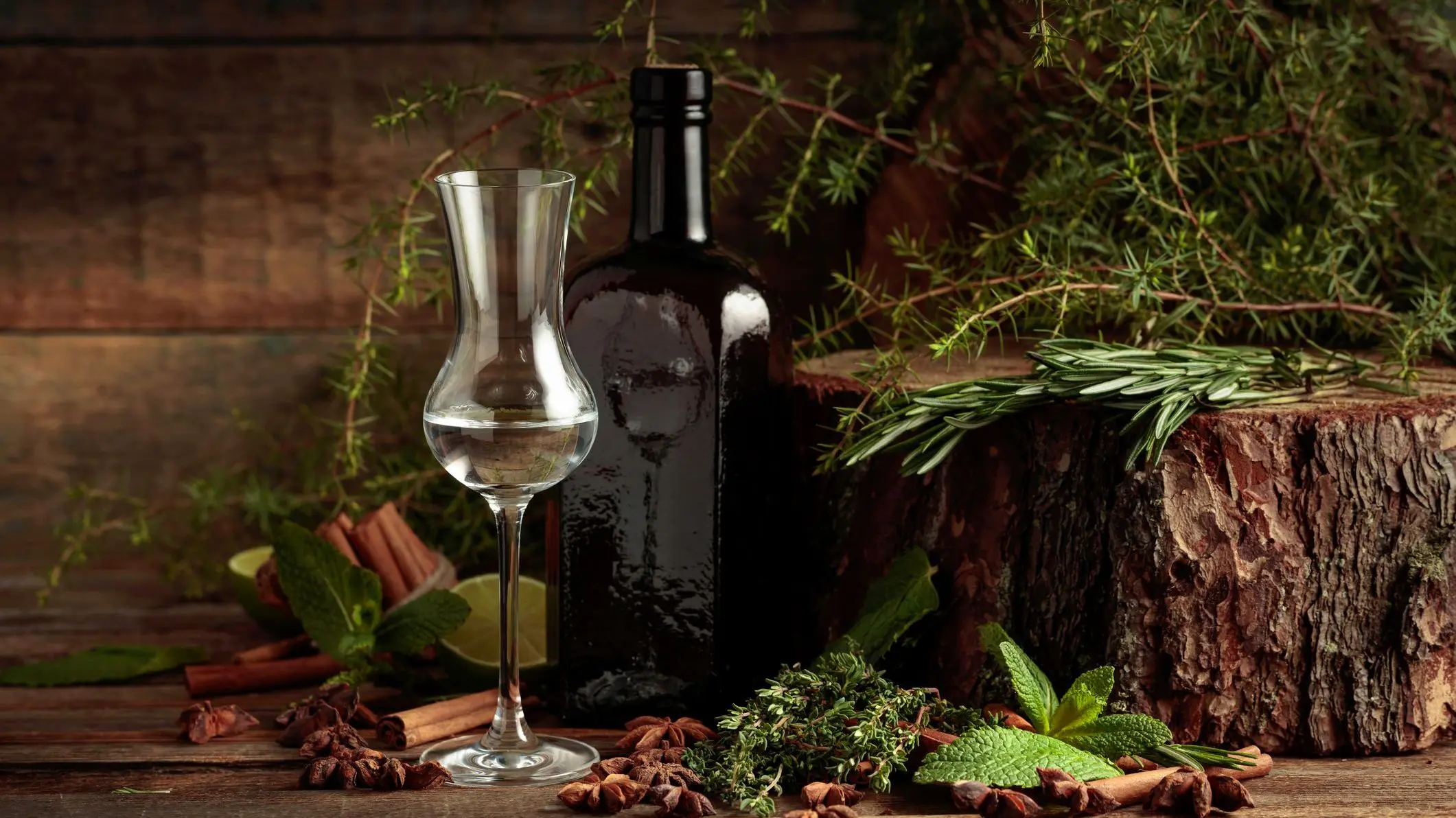 A vintage bottle and a tulip-shaped glass of gin on an old wooden table.