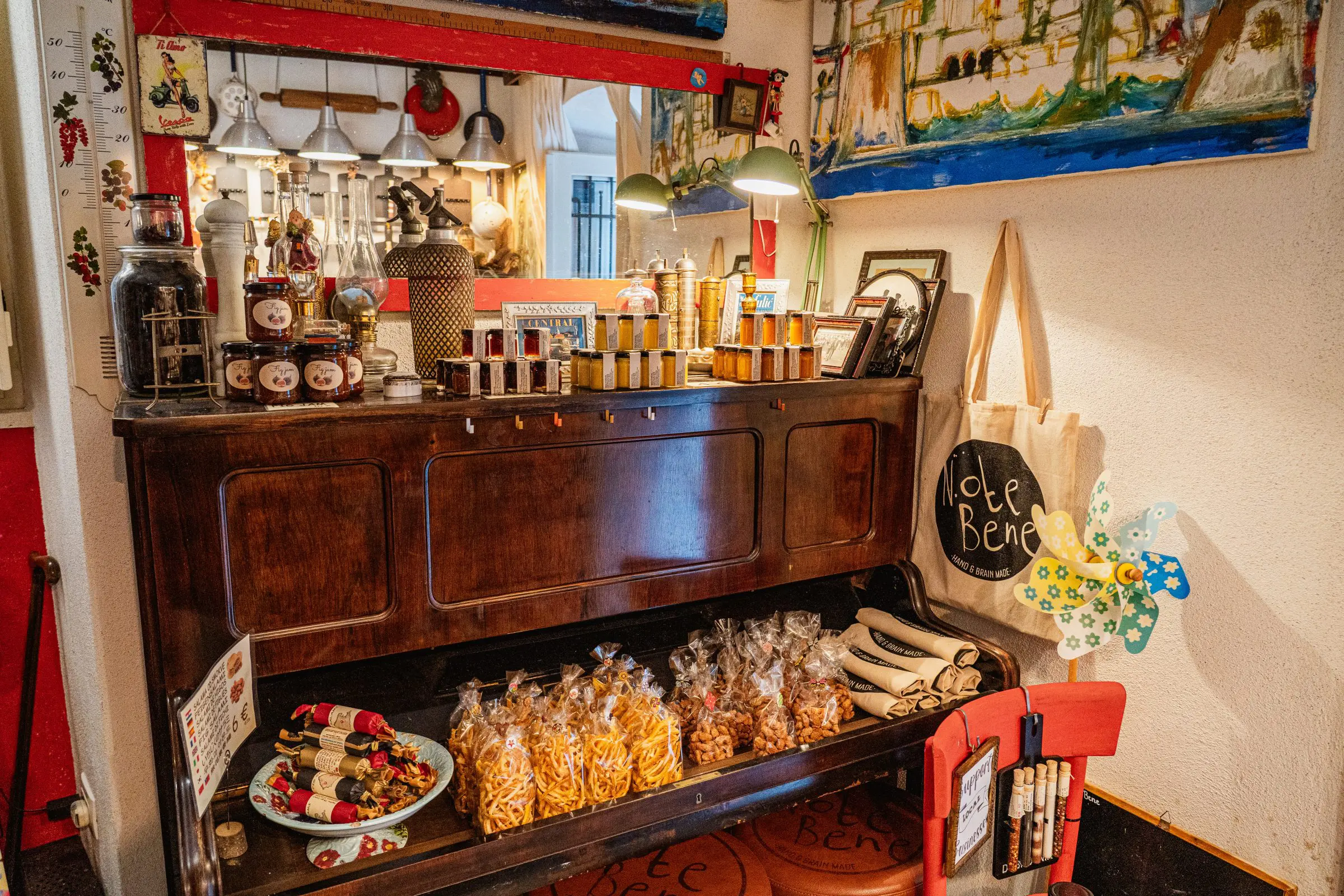 The interior of a souvenir shop with local products.