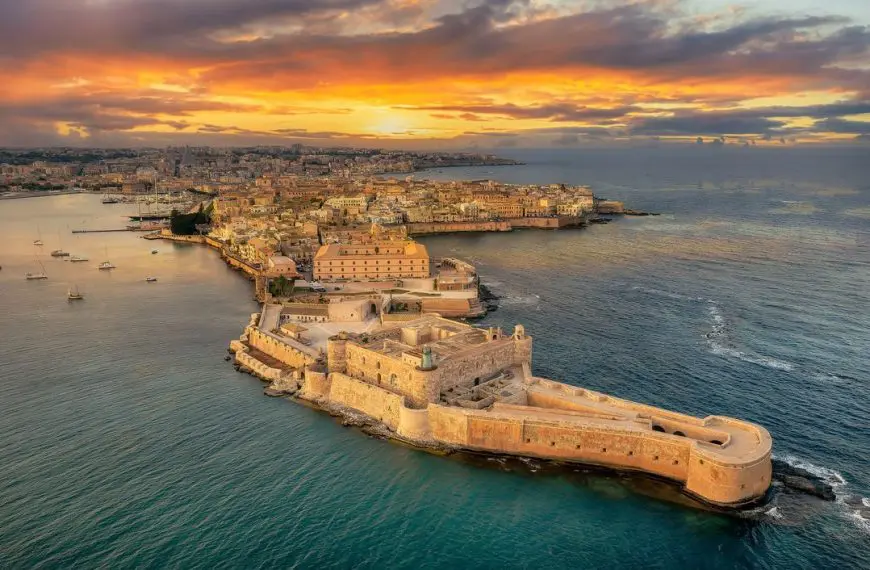 An aerial view of Siracusa at sunset.