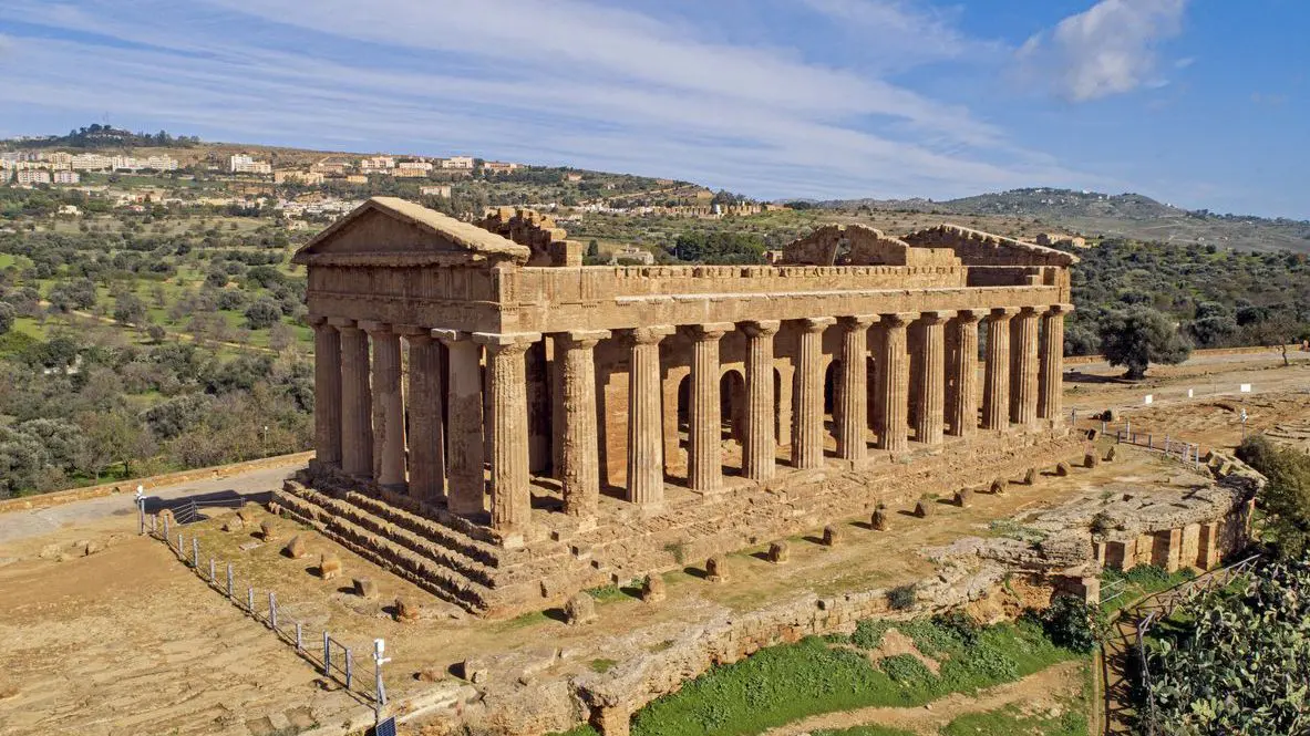 Valley of the Temples and the Temple of Concord, an ancient Greek temple built in the 5th century BC, as seen from a drone.