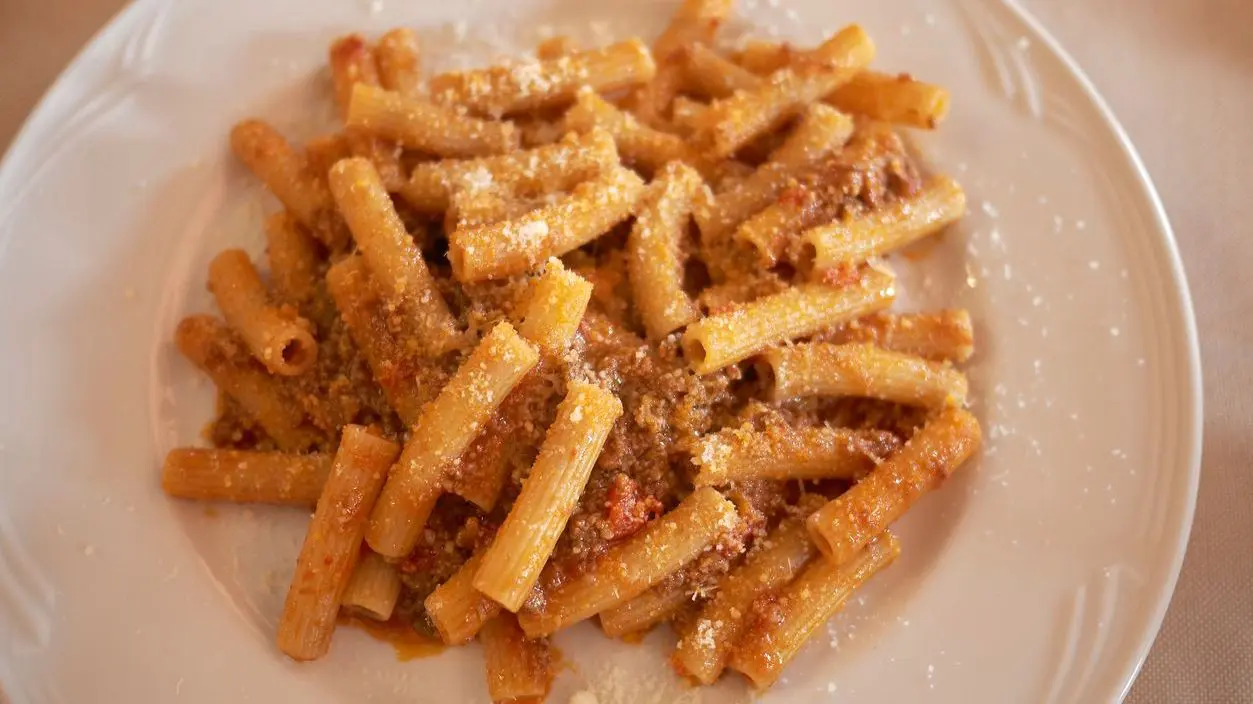 A white plate with Macaroni pasta with bolognese sauce.