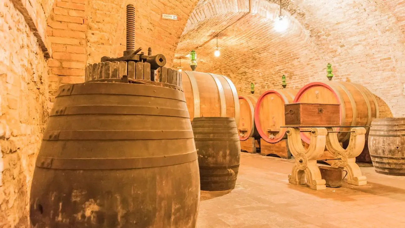 A cellar with barrels of Vino Nobile di Montepulciano.