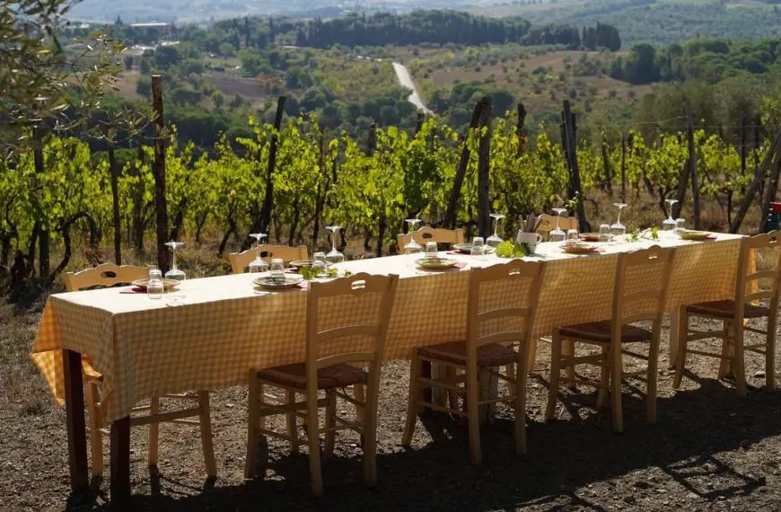A long table with several chairs set amidst a vineyard in Chianti.