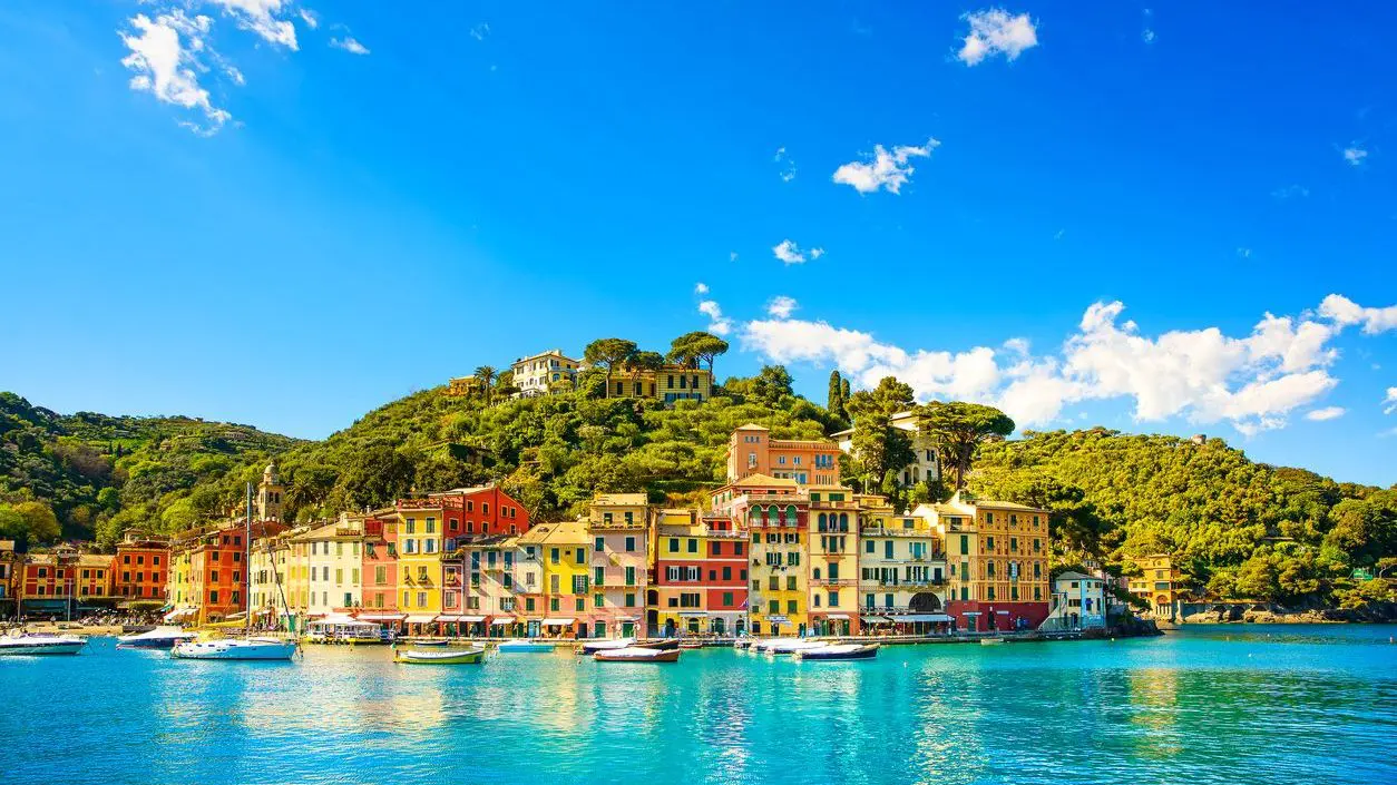Colorful seaside buildings surrounded by lush greenery under a bright blue sky. 