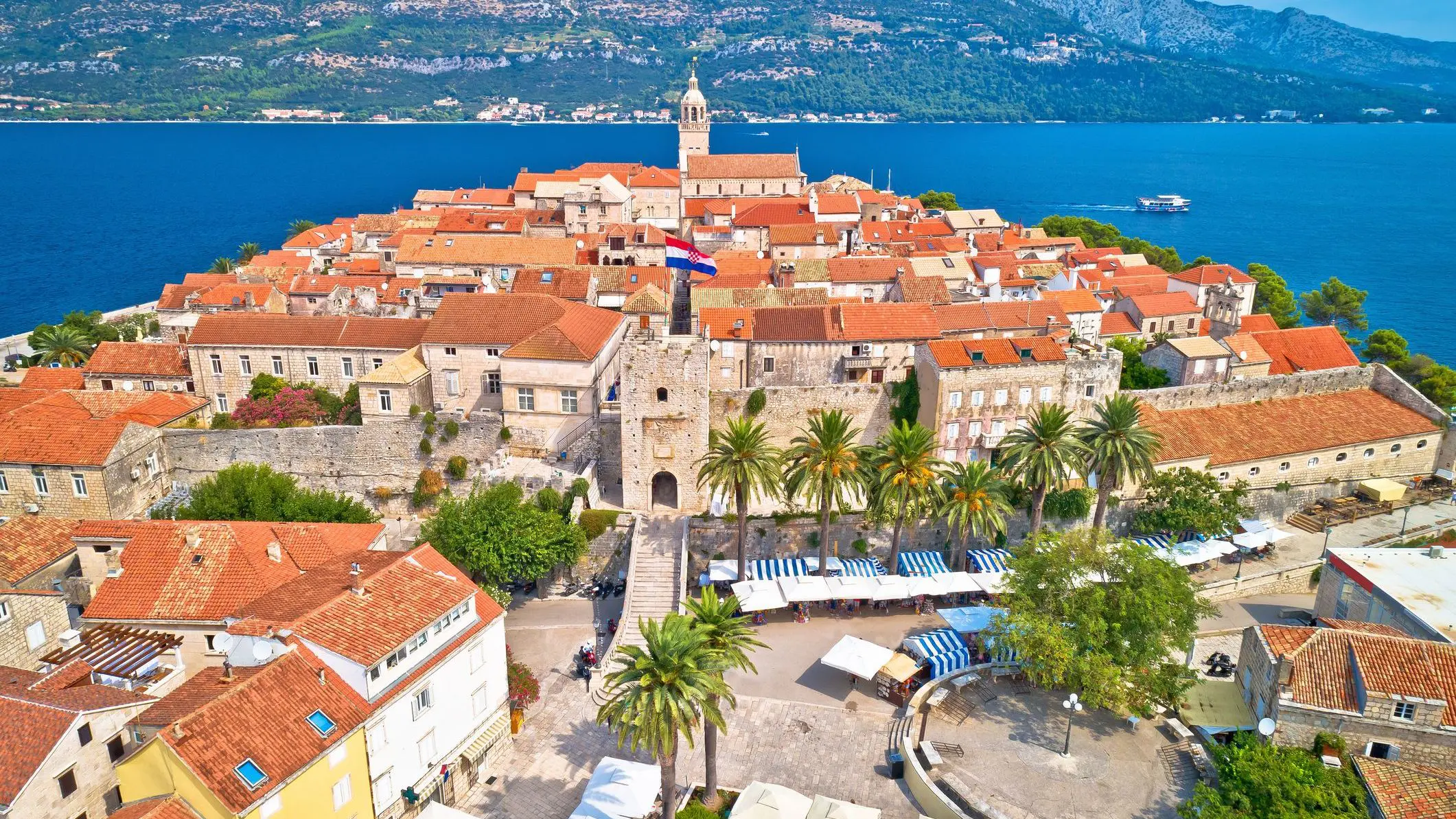 An aerial panoramic view of Korcula Old town. 