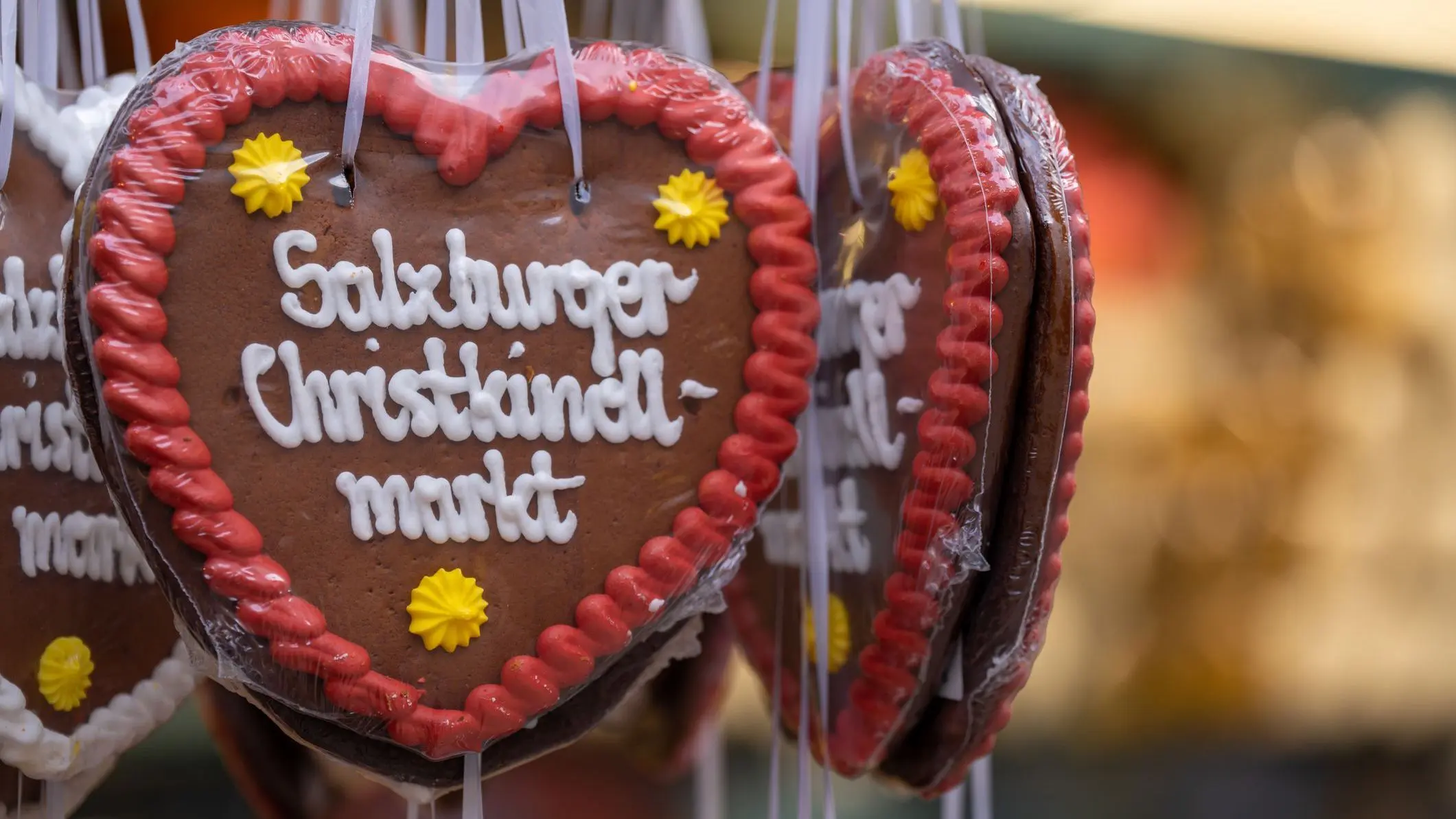 A close-up of heart-shaped gingerbread cookies. 