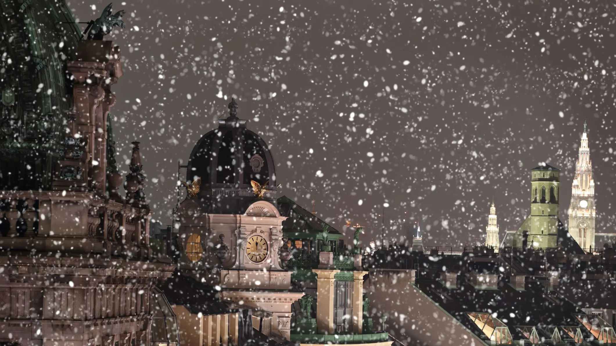 A cityscape of Vienna's rooftops while it's snowing.