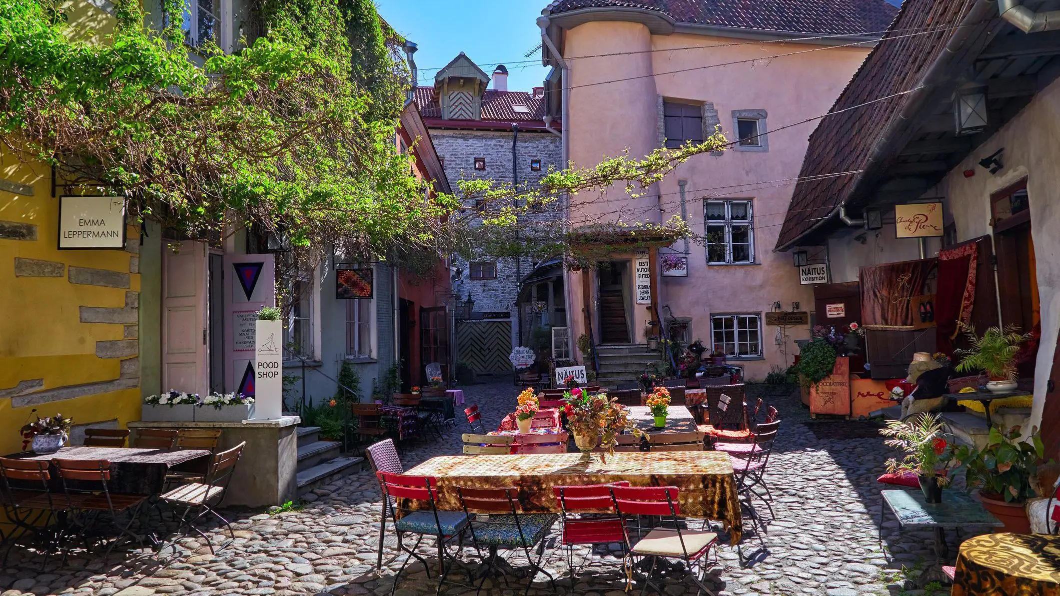 Tables set in a courtyard on a sunny summer day. 