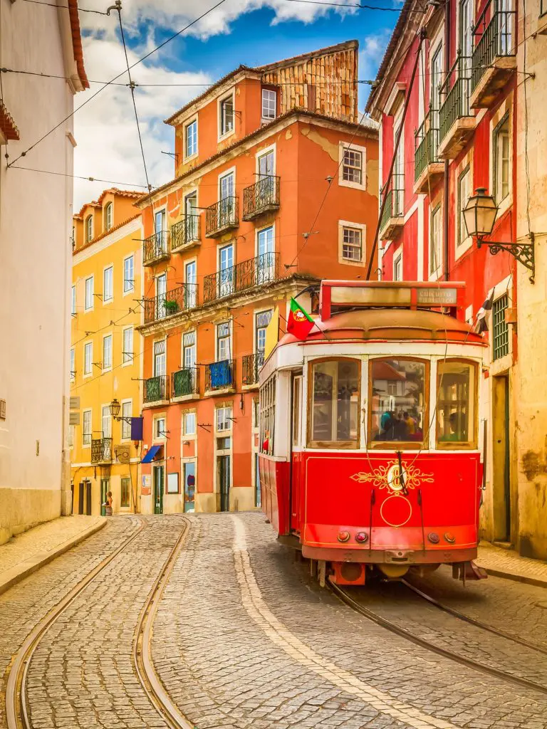tram on narrow street of Alfama, Lisbon, Portugal