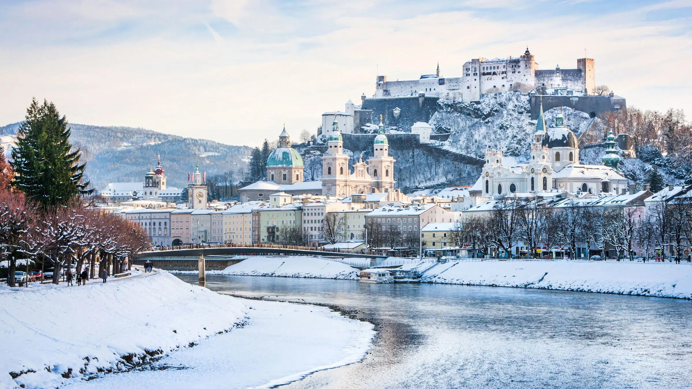 A panoramic view of Salzburg covered in snow. 