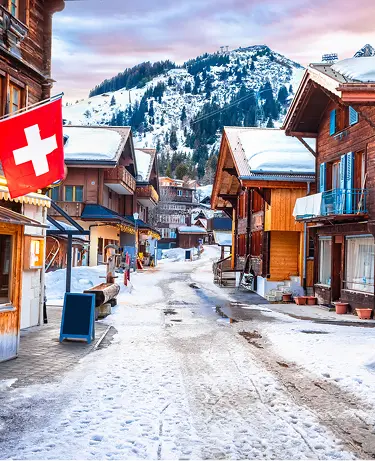 Idyllic Alpine village of Murren snowy street view, Berner Oberland region of Switzerland