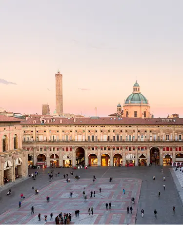 Bologna. Medieval city in Emilia Romagna in Italy Europe. Art and culture. Tourists from all over the world for Piazza Maggiore.
