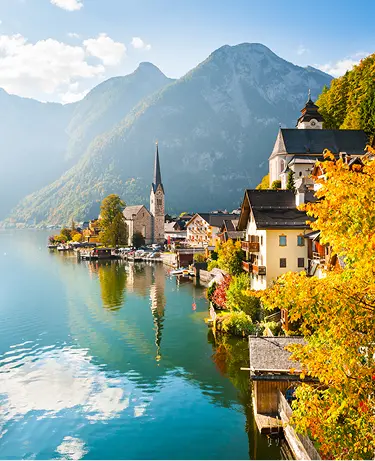 Famous Hallstatt village in Alps mountains, Austria. Beautiful autumn landscape