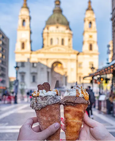 A picture of the traditional chimney cakes with a view on the St Stephan Basilica