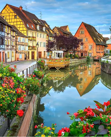 Spectacular colorful traditional french houses on the side of river Lauch in Petite Venise,Colmar,France,Europe