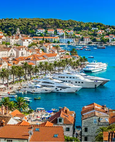 Aerial view at Hvar town in Southern Croatia, famous luxury travel destination in Europe, Mediterranean.