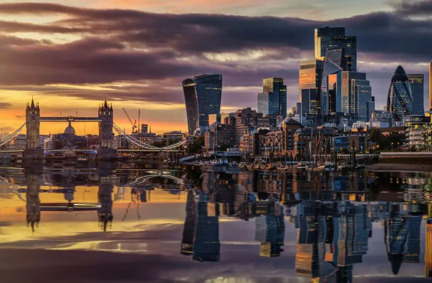 Beautiful autumn sunset view of the skyline of London, England, with reflections in the River Thames.