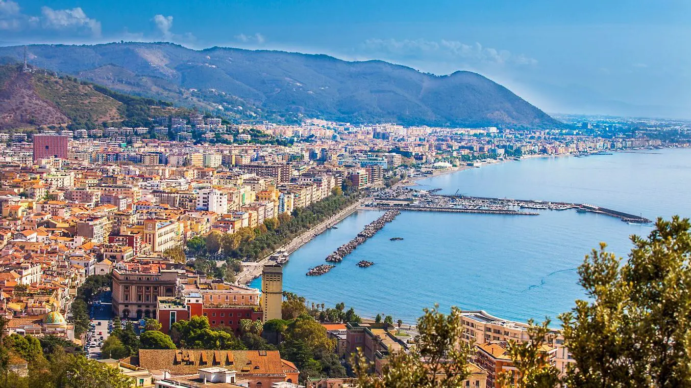 View of Salerno and the Gulf of Salerno in Campania, Italy.