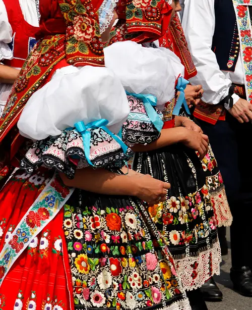 Traditional Czech folklore performance featuring dancers in embroidered costumes and colorful folk patterns