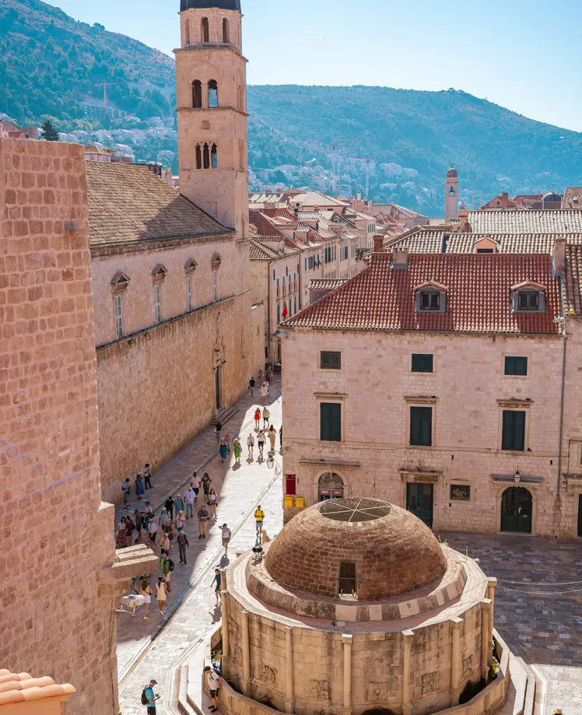 Walled medieval city of Dubrovnik, Croatia along the Adriatic Sea with terracotta rooftops and historic stone fortifications.