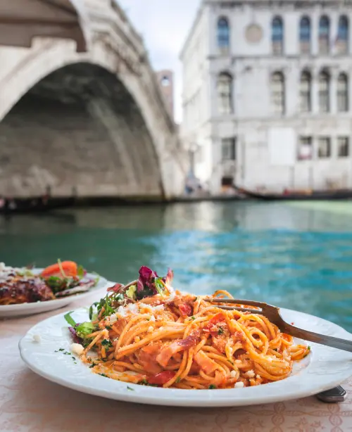 Traditional Italian pasta served with rich tomato sauce, parmesan cheese, and fresh basil.