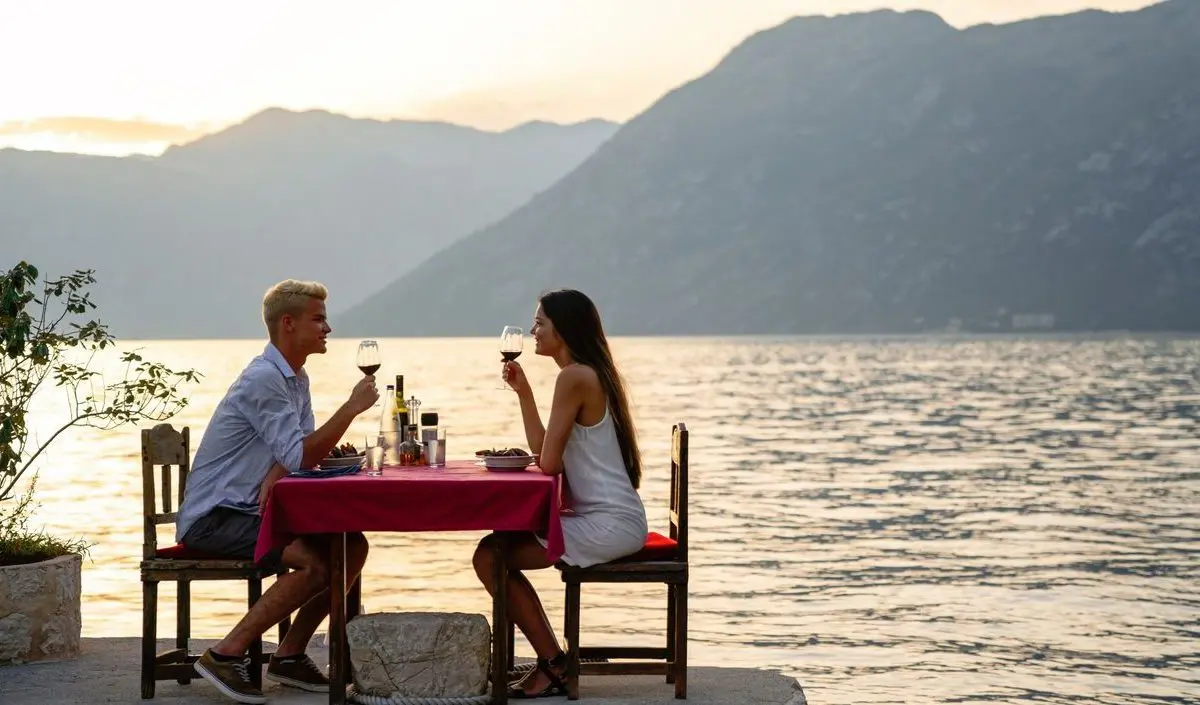 A young couple enjoying a sunset dinner by the sea or a lake.