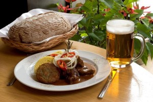 goulash, dumplings, potato pancakes