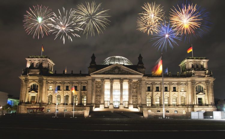 Fireworks over Berlin Parliament (Reichstag), Germany