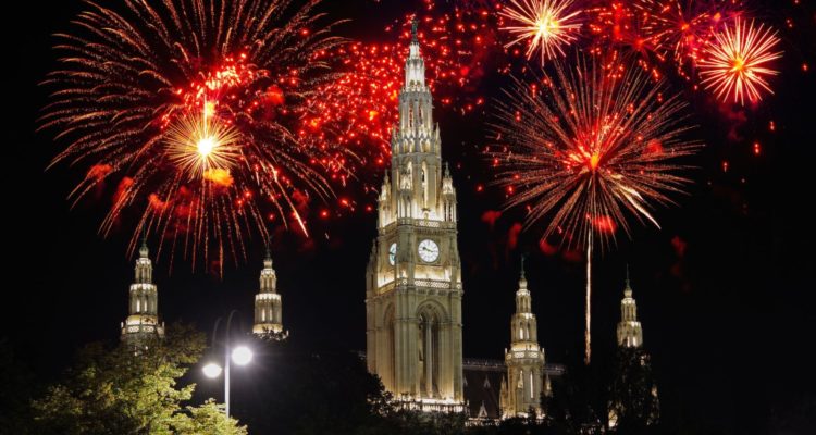 Vienna City Hall with fireworks in the background