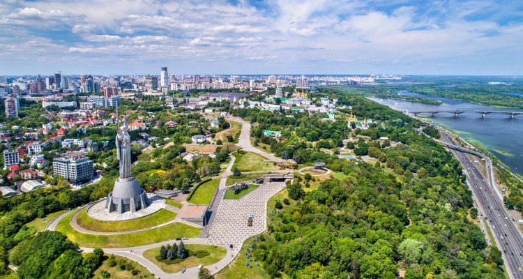 Aerial view of the Motherland Monument and Pechersk Lavra in Kiev, the capital of Ukraine