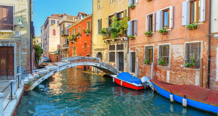 View of Canal Rio di san Falice and bridge Ponte Chiodo. Venice. Italy