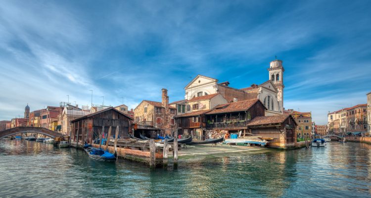 Venice, Italy - 01/04/2017: Gondola yard Squero di San Trovaso on sunny day