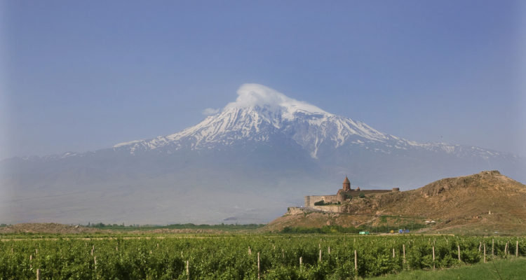 A historical view of the mountain Ararat from Armenia, monastery Khor Virap and vineyards