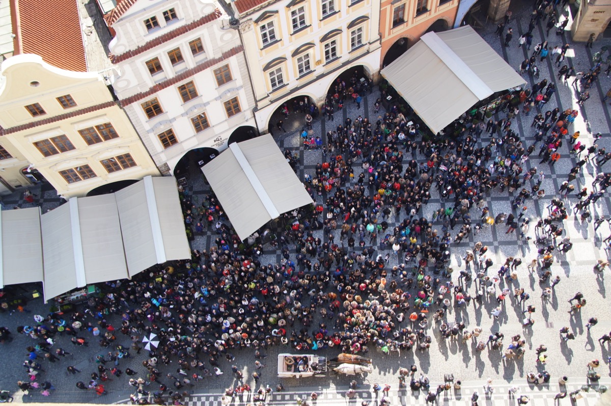 Crowd watching the clock on Prague's Old Town Square