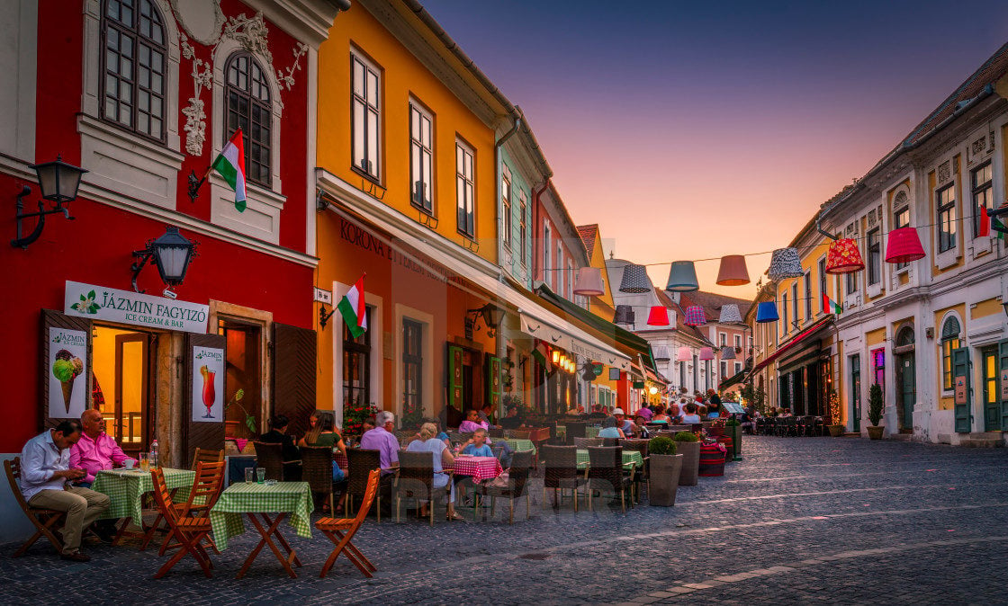 A colourful street at dusk in the artsy town of Szentendre.