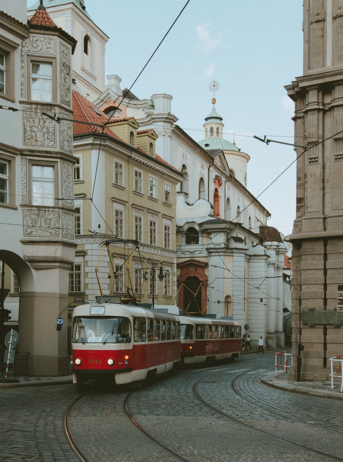 A tram making its way through the streets of Prague