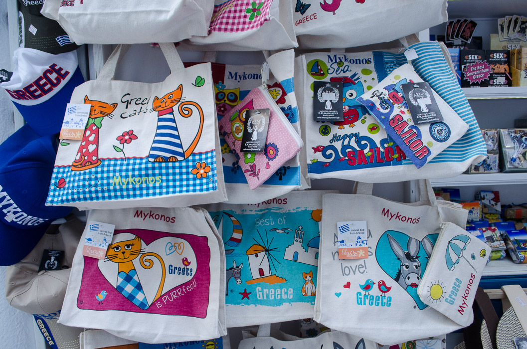 Bags decorated with cat designs in Mykonos Greece